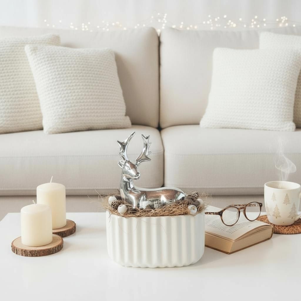 Karácsonyi asztaldísz – ezüst szarvas fehér kerámia kaspóban Karácsonyi asztaldísz – ezüst szarvas fehér kerámia kaspóban