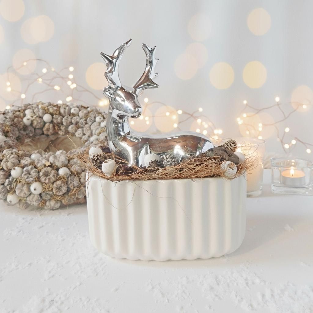 Karácsonyi asztaldísz – ezüst szarvas fehér kerámia kaspóban Karácsonyi asztaldísz – ezüst szarvas fehér kerámia kaspóban