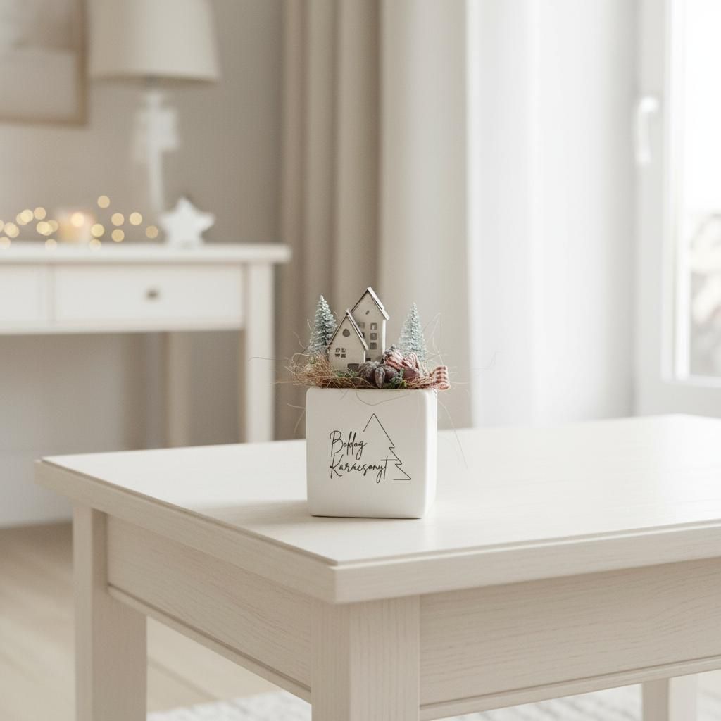 Karácsonyi asztaldísz – fehér kocka kaspó két apró házikóval