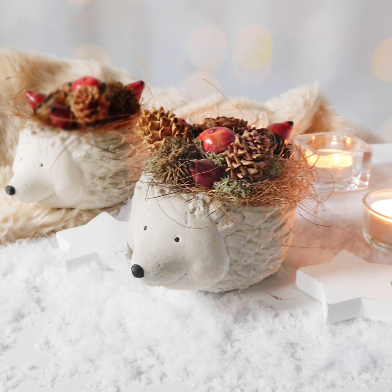 Süni kaspó tobozokkal és csipkebogyóval Süni kaspó tobozokkal és csipkebogyóval