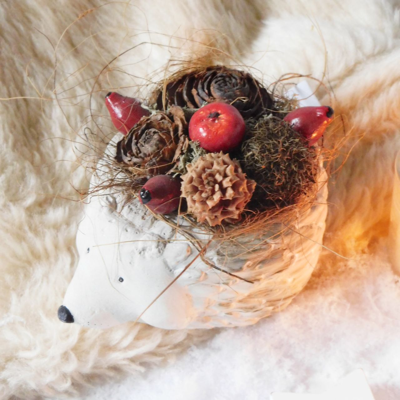 Süni kaspó tobozokkal és csipkebogyóval Süni kaspó tobozokkal és csipkebogyóval