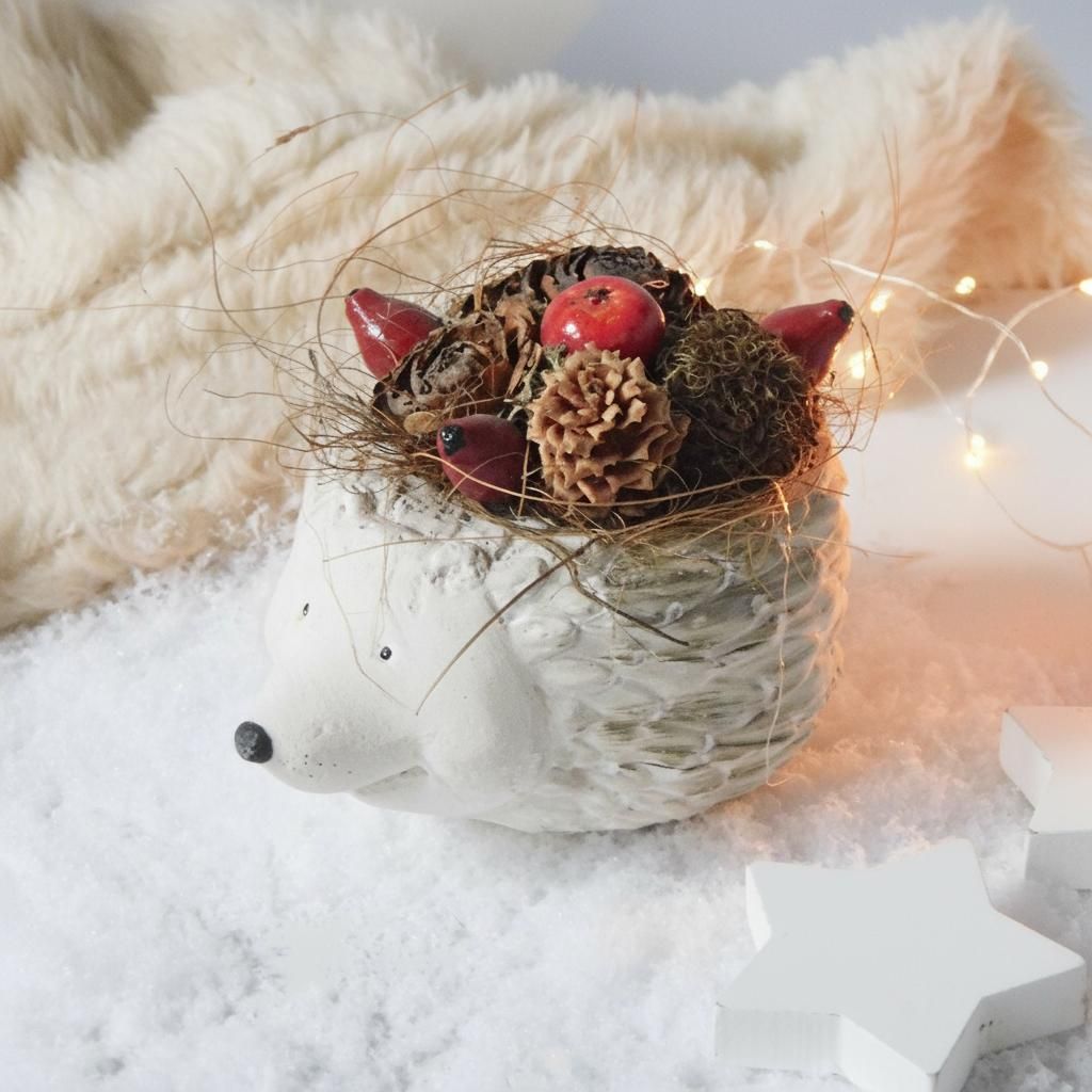 Süni kaspó tobozokkal és csipkebogyóval Süni kaspó tobozokkal és csipkebogyóval