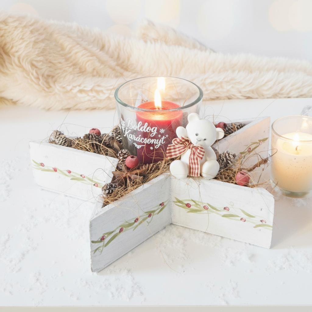 Csillag alakú karácsonyi dekoráció – gyertyával és macival