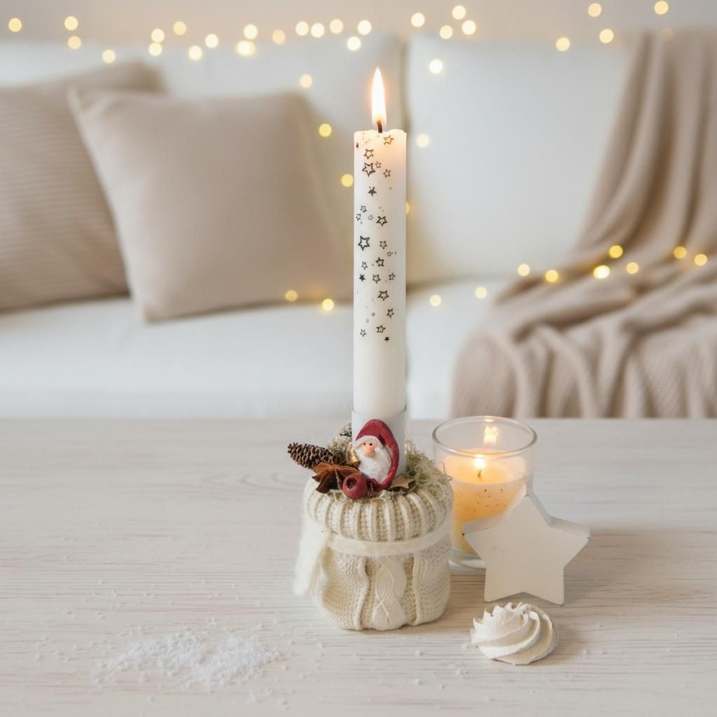 Kötött hatású karácsonyi dekoráció – manóval és gyertyával Kötött hatású karácsonyi dekoráció – manóval és gyertyával